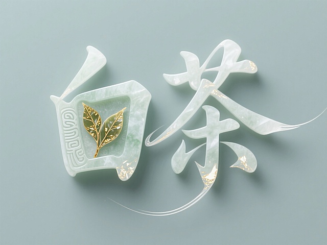 字形仿汉代玉璧篆体，“白”字内雕白茶踏枝，“茶”字嵌合茶叶心纹，材质模拟青白玉透光感，内部有金色脉状晶体流动，纯色背景，颜色干净