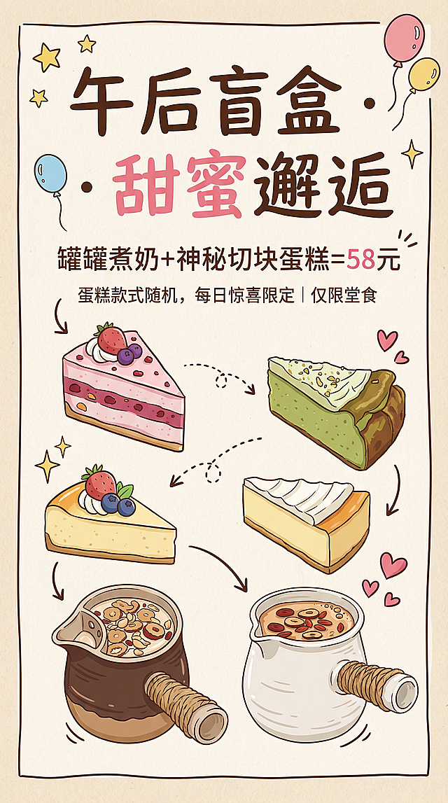 插画风手账海报，描边水彩质感，卡通甜品环绕，萌趣气球与爱心点缀，营造甜蜜可爱氛围，传递午后盲盒的惊喜感。