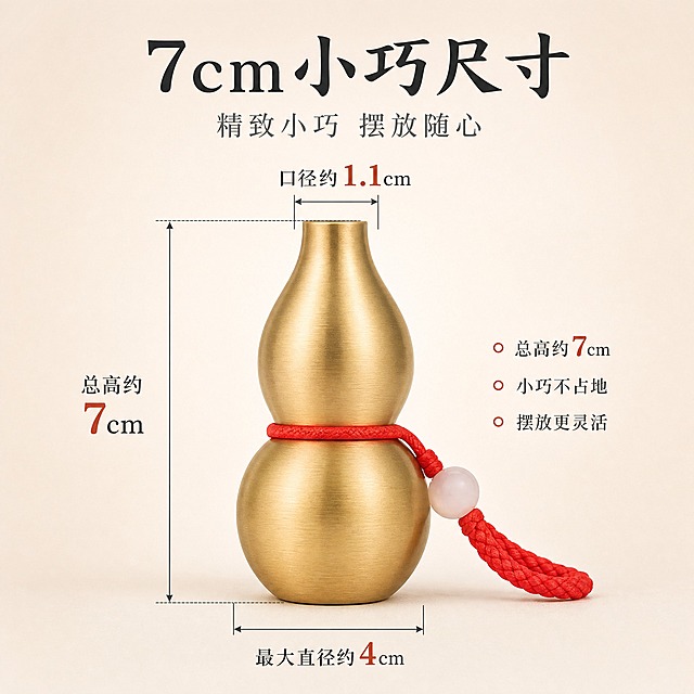 [主图-4] 铜葫芦尺寸信息图，清晰标注7cm规格尺寸。
[统一基调] 京东风格，简洁稳重，文字占比<30%，一图一重点。背景主色为纯净浅米白渐变，标题字色为深墨色，辅助字色为深灰色，尺寸数字为赭石红色。主标题使用阿里妈妈东方大楷，辅助说明文字和尺寸标注使用思源宋体。整体光源为均匀柔光，清晰展示产品轮廓。
[画面] 产品为7cm铜葫芦摆件，正面直立放置在画面中央，葫芦盖闭合，红绳流苏自然垂下。主体占比约55%，完整展示葫芦整体造型。产品周围有清晰的尺寸标注线和箭头：从葫芦底部到顶部标注总高度"约7cm"，从葫芦最宽处两侧标注最大直径尺寸，从葫芦口部标注口径尺寸。标注线为细深灰色实线，箭头清晰。背景为纯净浅米白渐变，无多余杂物，突出产品和尺寸信息。产品下方有柔和接触阴影。
[光影质感] 商业产品摄影质感，均匀柔光布光，产品轮廓清晰，铜葫芦拉丝纹理均匀可见，阴影柔和不生硬，整体干净利落。
[配色] 背景浅米白渐变，产品金色为主，红绳流苏暖红点缀，尺寸数字赭石红醒目，文字深墨色+深灰色，整体简洁清晰，信息一目了然。
[文字版式] 画面上方主标题用阿里妈妈东方大楷写"7cm小巧尺寸"，下方思源宋体小字写"精致小巧 摆放随心"。产品右侧用思源宋体分点列出："总高约7cm"、"小巧不占地"、"摆放更灵活"。尺寸标注数字使用思源宋体加粗，赭石红色，字号适中，清晰可读。所有文字和标注均不遮挡产品主体。
[输出要求] 比例1:1，2048x2048，文字清晰可读，尺寸标注准确清晰，产品轮廓清晰。禁止变形、错字、模糊、杂乱、水印、京东Logo、平台标识、绝对化用语。