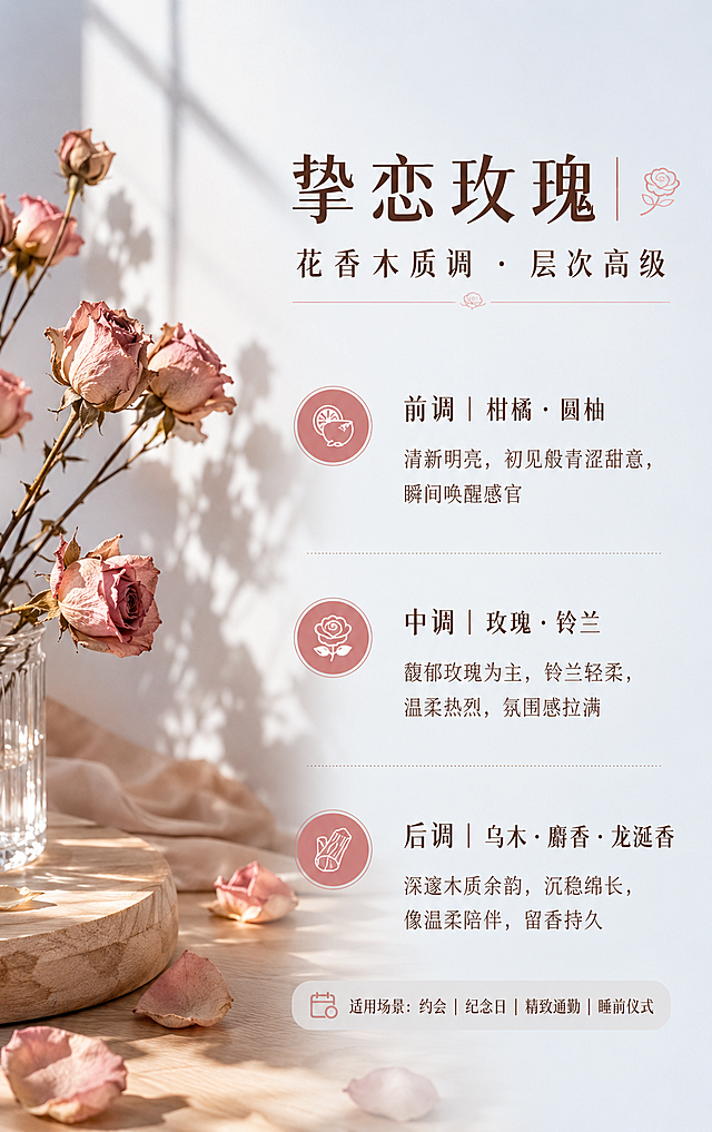 下面给你一份**可直接上架的「挚恋玫瑰」洗发水详情页排版文案**，已按**从上到下图文顺序**拆好，每块都标注了「配图建议」，你直接套图即可（风格高级温柔、合规、无违禁词）。  ---  ## 详情页排版（图文顺序+文案+配图建议）  ### 【首屏｜主KV海报】 **配图**：产品主图（粉色瓶身+玫瑰/柔光背景，干净高级） **大字标题**： 挚恋玫瑰 · 蓬松香氛洗发露 **副标题**： 花香木质调｜高颅顶蓬松｜沙龙级留香 **小字Slogan**： RILEY ROX 2026夏季新品 · 赴一场发丝浪漫之约 **规格**：500ml  ---  ### 【第二屏｜一句话核心卖点】 **配图**：产品特写+蓬松发丝对比/高颅顶示意图 **文案（居中大字）**： 好闻、蓬松、控油、温和   一瓶搞定油头扁塌+普通街香  **卖点小图标+短句（四行）** 🌹 沙龙玫瑰香｜告别街香，约会自带氛围感 ✨ 长效蓬松｜发根挺立，高颅顶一整天不塌 💧 双重控油｜清爽不油腻，油头也能空气感 🌿 温和配方｜头皮不紧绷，敏感肌安心用  ---  ### 【第三屏｜香调解析·沉浸式浪漫】 **配图**：香调氛围图（玫瑰/木质光影/简约静物）+香调文字排版 **标题**： 挚恋玫瑰｜花香木质调 · 层次高级  **前调｜柑橘·圆柚** 清新明亮，初见般青涩甜意，瞬间唤醒感官  **中调｜玫瑰·铃兰** 馥郁玫瑰为主，铃兰轻柔，温柔热烈，氛围感拉满  **后调｜乌木·麝香·龙涎香** 深邃木质余韵，沉稳绵长，像温柔陪伴，留香持久  **适用场景（小字）**：约会｜纪念日｜精致通勤｜睡前仪式  ---  ### 【第四屏｜核心功效·解决你的痛点】 **配图**：干净产品摆拍+泡沫/发丝质感图 **标题**： 不止好闻，更让你「蓬」然心动  **三栏/四栏短句** ✅ **蓬松高颅顶** 告别扁塌贴头皮，发根自然挺立，轻盈一整天  ✅ **温和净澈控油** 洗去油脂污垢，调节水油平衡，清爽不紧绷  ✅ **15重氨基酸养护** 强韧发丝、改善干枯毛躁，柔顺有光泽  ✅ **沙龙级香氛体验** 层次丰富高级香，日常也能拥有专属香气  ---  ### 【第五屏｜核心成分·天然+科技】 **配图**：成分可视化（无患子/氨基酸/植物萃取简约插画） **标题**： 天然植萃 · 专利科技 · 温和安心  **成分1｜无患子提取物（专利）** 天然植物表活，温和控油维稳，减少油腻，洗后清爽不拔干  **成分2｜吡罗克酮乙醇胺盐** 温和净屑，舒缓头皮不适，维持头皮洁净清爽状态  **成分3｜15重氨基酸组合物** 滋养强韧，改善干枯毛躁，发丝柔顺亮泽，减少断发  **成分4｜大米发酵产物滤液（专利）** 焕活头皮状态，强韧发根，发丝丰盈有光泽  ---  ### 【第六屏｜三大专利·硬核背书】 **配图**：专利证书缩略图+产品同框 **标题**： 3大专利科技 · 实力护航  **专利1｜无患子提取液** 专利号：ZL 2021 1 0681540.0 天然控油、温和洁净、维稳清爽  **专利2｜大米发酵产物滤液** 专利号：ZL 2024 1 0040777.4 强韧发根、丰盈亮泽、焕活头皮  **专利3｜舒缓修护组合物** 专利号：ZL 2018 1 1373564.4 温和养护、舒缓不适、适配敏感头皮  **小字**：第三方检测验证｜控油效果显著  ---  ### 【第七屏｜使用场景】 **配图**：场景化氛围图（约会/通勤/居家） **标题**： 适配日常每一个浪漫时刻  💖 **约会时刻**：玫瑰香氛温柔迷人，好感度加分 ☀️ **日常通勤**：蓬松清爽不油腻，精致不费力 🌙 **居家护理**：绵密泡沫治愈解压，香气舒缓 ✨ **烫染修护**：氨基酸滋养，柔顺亮泽在线  ---  ### 【第八屏｜产品参数/规格信息】 **配图**：产品白底实拍+细节（泵头/瓶身文字） **标题**： 产品信息  **产品名称**：RILEY ROX 挚恋玫瑰蓬松香氛洗发露 **净含量**：500ml **适用发质**：油头、细软塌、干枯毛躁、普通发质 **适用头皮**：正常头皮、敏感头皮 **核心成分**：无患子果提取物、吡罗克酮乙醇胺盐、15种氨基酸组合物、大米发酵产物滤液、舒缓修护组合物等 **保质期**：3年 **产地**：中国，继续结合这个文字内容，帮我继续优化详情页图 「图片1」