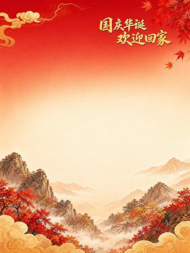 基于参考图，将画面改为竖版比例，保持完全相同的画面内容和风格：红金渐变国庆主题背景，左上角金色祥云纹样，右上角红色枫叶，底部左右两侧金色祥云与红枫秋景山水，山峦云雾缭绕，秋意红叶树木，右上角保留金色书法字体文字“国庆华诞 欢迎回家”，整体为国风新中式风格，红金配色，喜庆大气，画面元素布局适配竖版比例，保持原有的视觉层次和质感