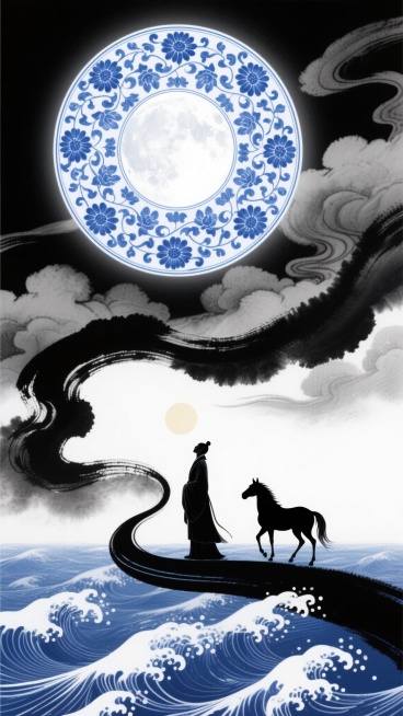 中国风东方美学风格海报，以青花蓝与墨黑、灰白为主色调，运用传统水墨晕染技法与青花瓷器纹样相结合的艺术表现形式。画面上方有巨大的青花缠枝菊花纹圆形图案中镶嵌一轮皎洁圆月，周围环绕着层次丰富、流动感强的墨色与灰色云烟，云烟下方延伸出翻涌的青花海浪纹样，海浪底部连接着一条蜿蜒的曲线，曲线尽头有一位身着古装的行者与一匹马的剪影正望向空中圆月，整体构图呈现出由上至下的视觉引导线，营造出中秋时节悠远、空灵……预览效果