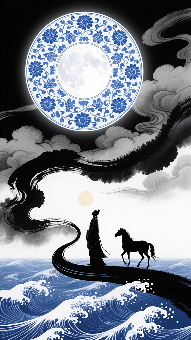 中国风东方美学风格海报，以青花蓝与墨黑、灰白为主色调，运用传统水墨晕染技法与青花瓷器纹样相结合的艺术表现形式。画面上方有巨大的青花缠枝菊花纹圆形图案中镶嵌一轮皎洁圆月，周围环绕着层次丰富、流动感强的墨色与灰色云烟，云烟下方延伸出翻涌的青花海浪纹样，海浪底部连接着一条蜿蜒的曲线，曲线尽头有一位身着古装的行者与一匹马的剪影正望向空中圆月，整体构图呈现出由上至下的视觉引导线，营造出中秋时节悠远、空灵、富有诗意的东方意境，具有强烈的传统韵味与现代设计感的融合。
