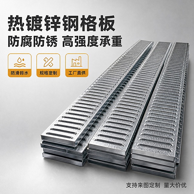 [主图-1] 镀锌钢格板首图 突出热镀锌防腐防锈与高强度承重核心卖点
[统一基调] 专业工业风 干净稳重 浅灰渐变背景 主标题深灰加粗黑体 辅助文字中灰 强调色橙黄色 圆角信息卡片 无多余装饰
[画面] 画面中央偏右位置陈列多块镀锌钢格板 呈前后错落叠放 产品为银灰色热镀锌金属材质 表面有规则排列的长条形防滑凸起冲孔 边缘整齐无毛刺 金属光泽自然 左侧留出负空间放置文字 底部有轻微接触阴影 产品占画面约65% 视角为微俯视45度 完整展示钢格板的板面结构与厚度
[光影质感] 商业摄影质感 左上主光柔和均匀 金属表面有自然高光反射 阴影清晰不杂乱 突出镀锌层的金属质感与板面平整度
[配色] 背景浅灰到中灰渐变 主标题深灰近黑 辅助说明中灰 强调卖点用橙黄色高亮 整体冷色调工业感 橙黄作点缀
[文字版式] 左上区域大标题两行 第一行"热镀锌钢格板" 第二行"防腐防锈 高强度承重" 主字号大且粗 下方三个圆角小标签横向排列 分别写"防滑排水""规格定制""工厂直供" 右下角小字"支持来图定制 量大价优" 文字均不遮挡产品主体
[输出要求] 比例1:1 文字清晰可读 产品清晰不变形 无错字 无杂乱背景 无水印 无平台Logo 无多余人物