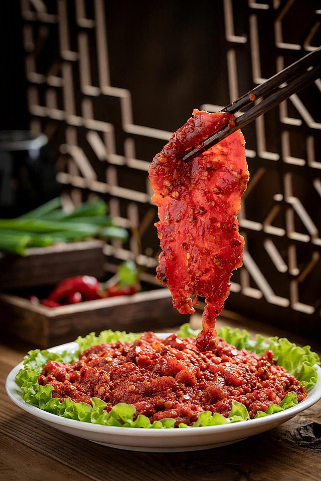 参考图中的麻辣牛肉菜品，将棕色盘子换成纯白色陶瓷盘子，牛肉下方垫上新鲜生菜叶摆盘，保留筷子夹起一片牛肉的动态，保留背景的中式木窗格和葱、辣椒等元素，整体保持美食摄影风格，色泽红润诱人，光线柔和有质感