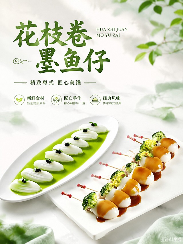 高端餐饮菜品展示海报，主标题："花枝卷 墨鱼仔"，副标题："精致粤式 匠心美馔"，卖点：新鲜食材、匠心手作、经典风味。画面展示两款菜品，左侧花枝卷、右侧墨鱼仔，100%还原原图产品外形、摆盘、颜色与结构。采用白绿版面配色，清新干净的简约风格，明亮浅色系背景，柔和自然侧光，突出食材新鲜干净和精致摆盘。整体清爽高级，食欲感强，排版精美，适用于86*119cm餐饮软膜，文字清晰不遮挡主体。