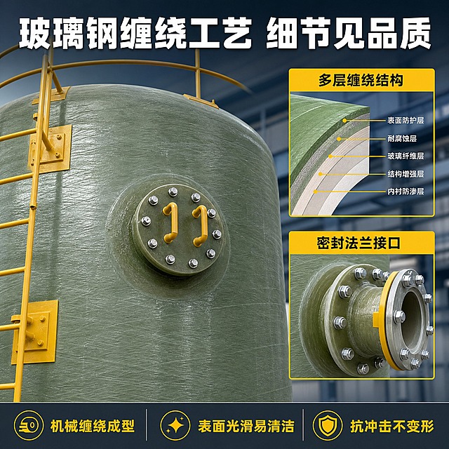 [主图-3] 材质与工艺细节，主题为玻璃钢罐体材质工艺与细节特写，展现高品质做工。
[统一基调] 专业工业风，背景为浅灰渐变+工厂厂房环境虚化，主色调深灰蓝+工业黄点缀，标题字白色粗黑体，辅助字浅灰色，强调色为明黄色，字体为无衬线粗体，字号层级分明，组件采用硬朗矩形卡片+细边框，整体满版高信息密度构图。
[画面] 主画面为玻璃钢罐体局部大特写，展示罐体表面玻璃钢纤维缠绕纹理、黄色法兰接口细节、爬梯连接处做工，与输入图材质细节完全一致，占画面约70%；画面右侧叠加2个细节小图框，上方小图展示罐体壁切面分层结构示意，下方小图展示法兰密封接口特写；顶部为大标题，底部为工艺说明标签条。
[光影质感] 微距摄影质感，光线柔和均匀，玻璃钢纤维纹理清晰可见，金属法兰有细腻反光，材质层次分明，细节锐利。
[配色] 背景中灰色，标题白色，小图框明黄色边框，标签条深灰底黄字。
[文字版式] 顶部大标题“玻璃钢缠绕工艺 细节见品质”；右侧2个小图框分别标注“多层缠绕结构”“密封法兰接口”；底部3个工艺标签分别为“机械缠绕成型”“表面光滑易清洁”“抗冲击不变形”；文字横排无衬线字体，大小层级分明。
[输出要求] 1:1比例，2048*2048分辨率，材质细节清晰，文字可读；负向：材质失真、纹理模糊、错字、画面杂乱、水印、平台Logo。
