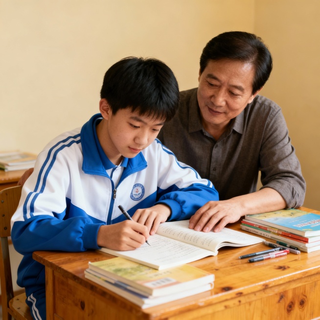 高中家长在辅导15岁的学生作业，孩子穿着校服，中国人面孔预览效果