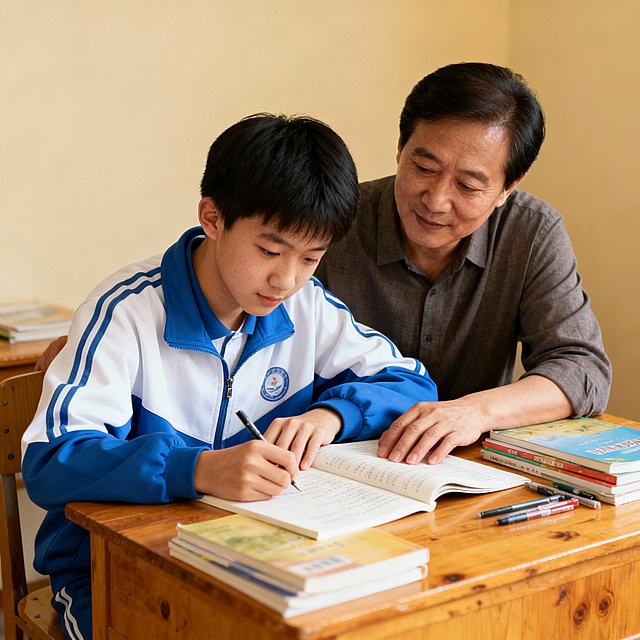 高中家长在辅导15岁的学生作业，孩子穿着校服，中国人面孔
