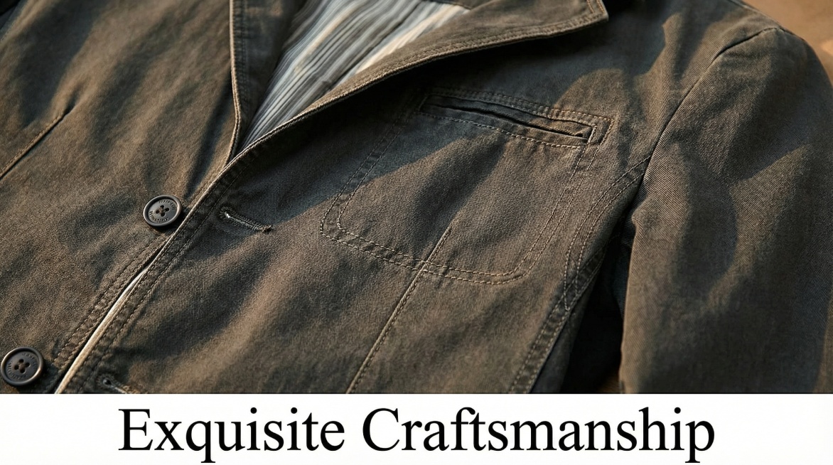 Close-up of a European and American man wearing this dark gray casual jacket, focusing on the pocket预览效果