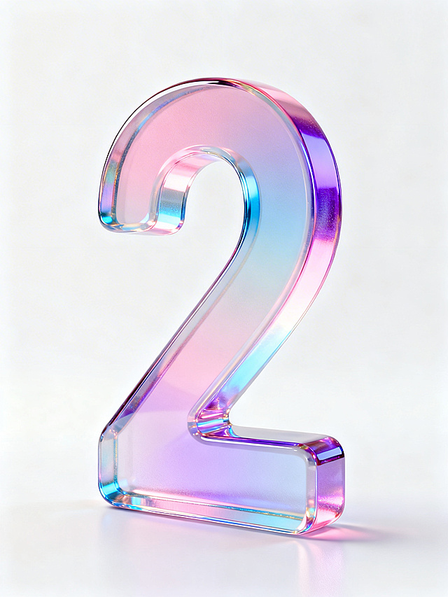 未来感与科技感交融的3D玻璃数字“2”，呈现梦幻清透质感，重拟物设计凸显体积感，光影流转如虹彩般迷人。