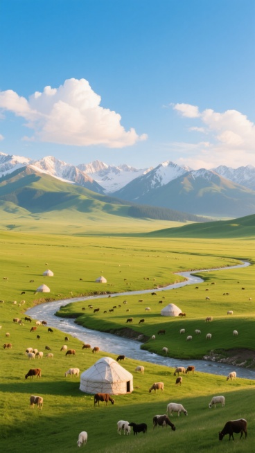 新疆草原风光摄影，广阔无垠的绿色草原上点缀着传统蒙古包，成群的牛羊在悠闲吃草，蜿蜒的河流如银色丝带穿梭其间，远处是连绵起伏的雪山山脉，山顶覆盖着皑皑白雪，天空湛蓝透亮，漂浮着形态各异的白色云朵，清晨或傍晚的柔和光线洒在草原上，形成温暖的金色光晕，整体画面层次分明，色彩饱和度高，展现出新疆草原的壮丽辽阔与宁静自然之美。预览效果