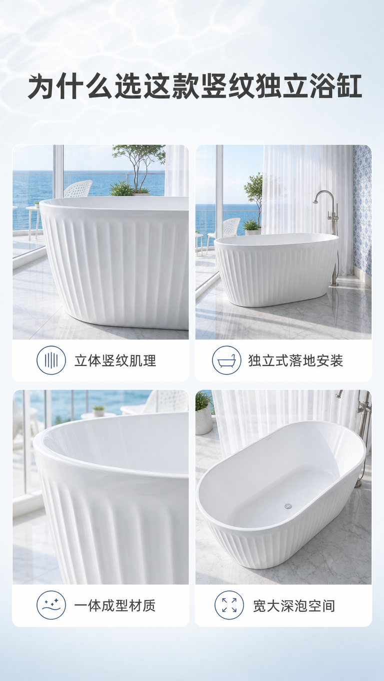 [商品] 使用【图1】澜境浮雕独立浴缸；保留白色竖纹肌理、椭圆… - 图片创意预览