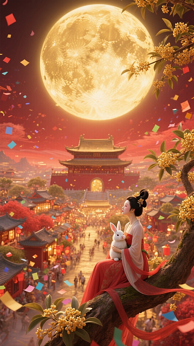 全景构图，近景是嫦娥抱着兔子坐在桂花树上看着中景，中景是古城宫殿，各种各样的彩纸环绕古城，远景是月光如金色的瀑布从圆月（占满画面2/3）上倾泻到底部的全景大地上，画面带有发光效果，整体画面充斥着华丽的金色和喜庆的红色，奇幻色彩和光影变化，具有丰富的层次感和立体感，体现繁荣昌盛喜庆氛围，梦幻的大透视繁荣的城镇，画面整体喜庆华丽，整体氛围呈现喜庆的暖色调