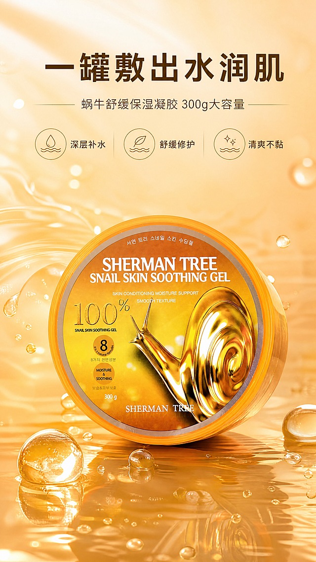 [商品] 使用【图1】SHERMAN TREE蜗牛舒缓保湿凝胶正面包装图；保留圆形橙黄色罐体、金色蜗牛图案、SHERMAN TREE英文Logo、100%标识、8种天然成分标识、300g字样、韩文标签文字，不改变罐体结构、颜色和材质；增强罐体光泽感和通透质感。
[画面] 目标：头图海报，建立高级水润第一印象。构图：产品居中偏下，占画面55%，罐体微微仰角展示正面全貌；上方留白放标题文案。前景点缀透明水珠和金色精华液滴，中景产品主体，背景暖橙色渐变水光氛围，有柔和光斑和水润波纹，营造清透保湿感。
[视觉] 套系策略：风格=韩系清透高级商业摄影；标题字=现代简约粗黑体；正文字=纤细无衬线体；主色=暖橙金；背景延展=暖橙到浅金渐变、水光质感、通透光斑；强调色=珍珠白，仅用于小面积图标、引线和高光点缀；标题色=深棕金；正文色=暖灰棕；组件=圆角半透信息卡、细线水滴图标；光影=左上侧暖柔光，产品底部有柔和倒影。
[文字] 上方居中主标题"一罐敷出水润肌"，副标题"蜗牛舒缓保湿凝胶 300g大容量"，下方3个圆形利益图标分别标注"深层补水"、"舒缓修护"、"清爽不黏"，文字横向排版，不遮挡罐体正面Logo和主要文字。
[规格] 图片比例9:16竖版，4K，避免变形、错字、文字过小、冷蓝背景、罐体颜色改变、包装文字错乱、AI感过重。