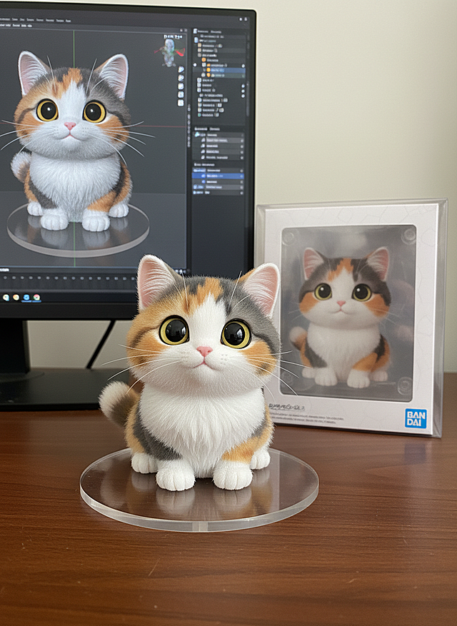 将这个图片制作成一个商业化1/7比例手办，风格写实，环境逼真。手办放置在电脑桌上，配有一个圆形透明亚克力底座，底座上没有文字。电脑屏幕上显示着手办的Zbrush建模过程。电脑屏幕旁边是一个万代风格的透明玩具盒，上面印有原始画作。