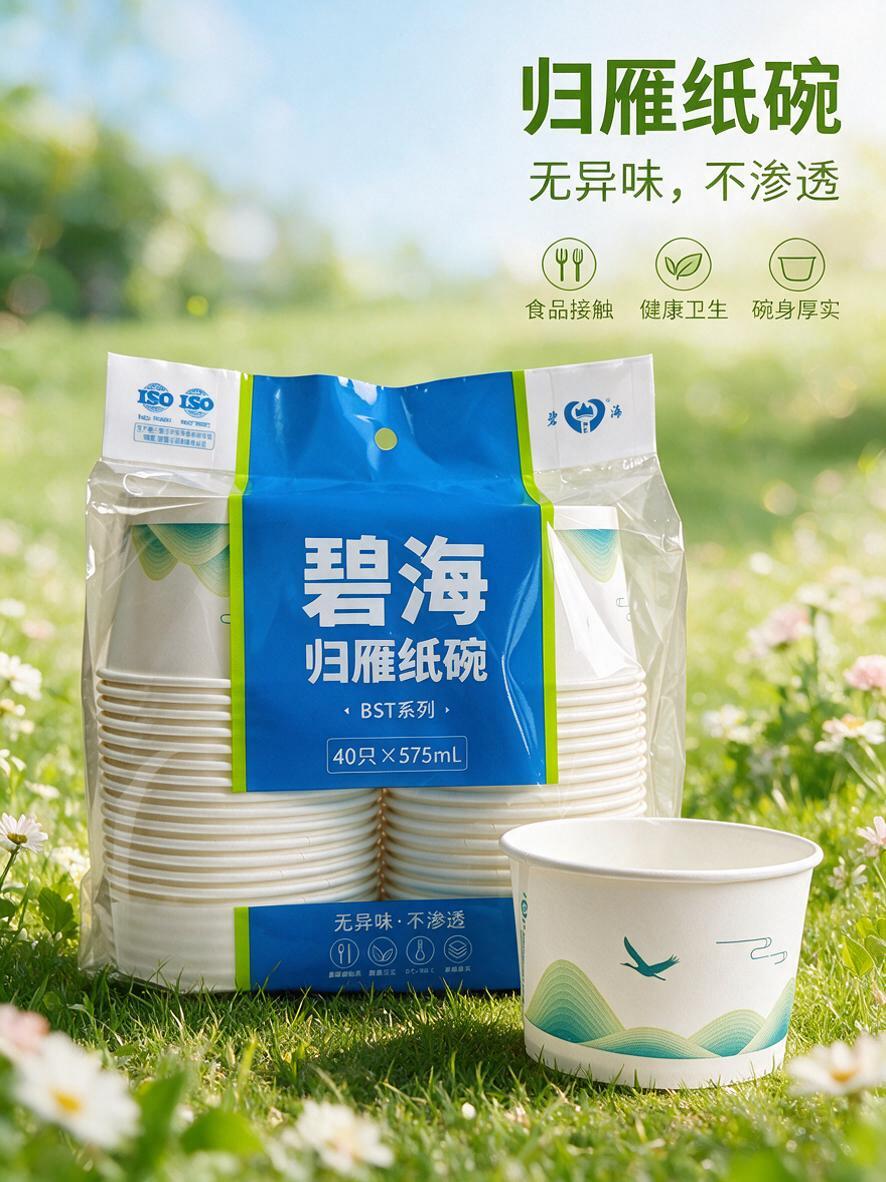 保持图中归雁纸碗产品整体完全不变，将背景替换为绿色小清新风格、… - 图片创意预览