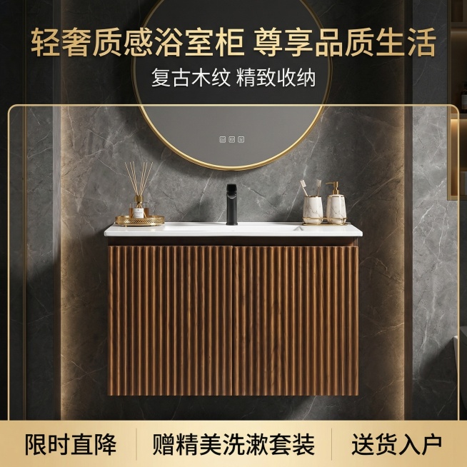以此产品生成三张不同场景的浴室柜效果图预览效果