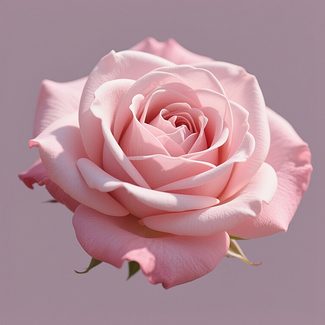 一朵盛开的玫瑰花，花瓣层层叠叠，边缘自然卷曲，具有高度写实的质感和细腻的纹理，花瓣呈现出均匀饱满的粉色，柔和的光线从左上方照射，花瓣上有自然的明暗过渡和细微的高光，背景为纯净的纯色。