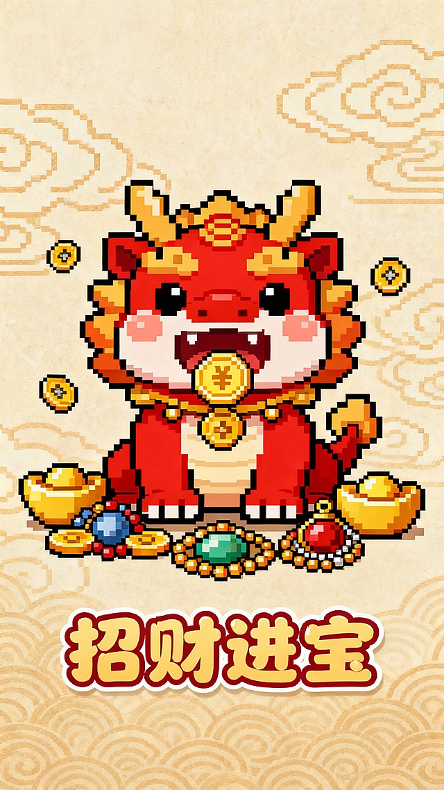 一个扁平化风格的Q版貔貅，嘴中吐出金币，周围环绕着像素风的珠宝和元宝，红色和金色配色，背景有祥云纹理。整体可爱风格。下方是文字招财进宝，可爱圆润风格。