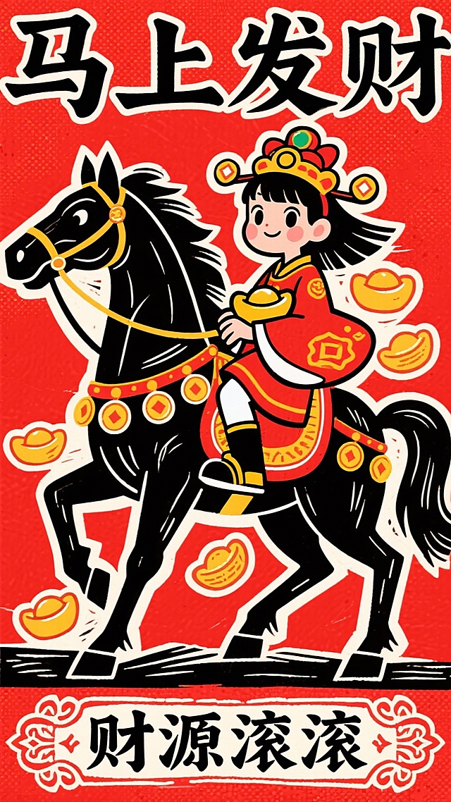 国潮风插画，卡通可爱财神骑黑马，剪影与版画质感结合，喜庆红金配色，印刷风文字点缀，寓意马上发财、财源滚滚。
