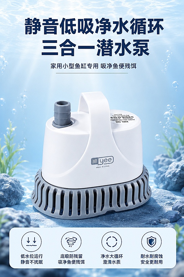 [第1屏] 详情页海报首屏-YEE鱼缸底吸潜水泵主视觉宣传图。本屏使用【图1】作为商品主体。
[氛围/风格] 简约清新水族用品电商风，商业摄影质感，专业整洁。
[元素布局] 产品主体居中放置，占比约65%，背景为干净浅蓝色渐变水底场景，顶部预留主标题区域，底部设置信息条点缀；产品结构、材质、颜色与输入产品图保持一致。
[光影质感] 顶部柔光打亮产品主体，底部自然阴影，产品轮廓清晰，高光突出塑料材质质感。
[配色色系] 全局底色 #E6F3F8，主色浅蓝渐变，辅助色深蓝文字、灰色产品点缀。
[视角构图] 正面平视视角，产品为绝对视觉中心，阅读动线从上到下流畅自然。
[文字版式] 顶部主标题「静音低吸净水循环 三合一潜水泵」，副标题「家用小型鱼缸专用 吸净鱼便残饵」，加粗黑体居中；底部信息条罗列核心卖点「低水位运行 静音不扰眠」，文字清晰不遮挡产品主体。
[比例分辨率] 9:16竖版比例，4K分辨率，文字清晰可辨，高清画质。
[负向提示词] 产品变形，缺件错件，颜色偏差，水印，文字错乱，产品图模糊，文字过小。