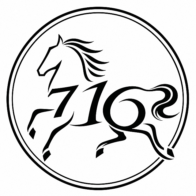 基于上一张班徽图修改：圆形双环边框内的716数字融合骏马班徽，马头为抽象几何造型无眼睛，将数字7从马额头位置下移调整，使数字7完全不遮挡马头区域，马头的几何轮廓完整清晰，7只构成马颈部分；马腿保持流畅曲线风格，四条腿；身体数字1和6保持不变；整体黑白线条，白色背景，简洁现代