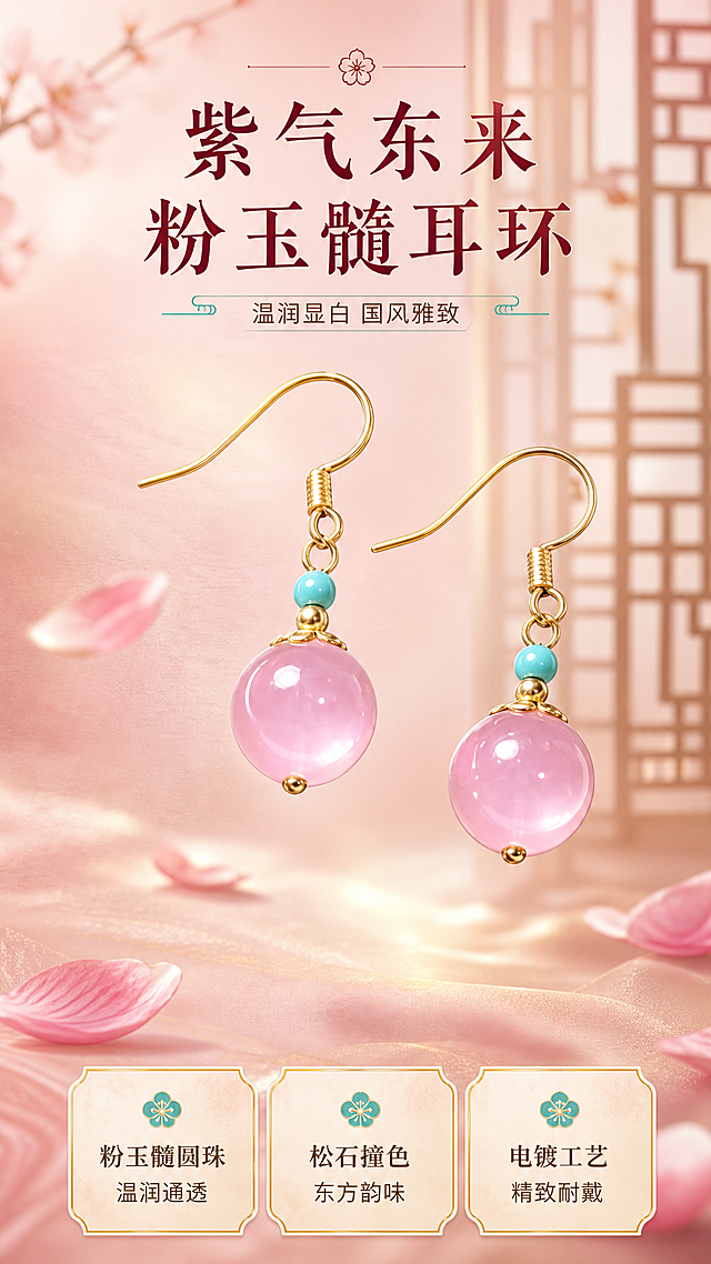 [商品] 使用【图1】左侧粉玉髓耳环产品图；保留金色耳钩、绿松石小珠、粉玉髓圆珠的结构、颜色、材质和比例，保留耳环整体造型；增强玉髓通透光泽与金属质感，不改变商品本体结构。
[画面] 氛围头图，商品主角型。耳环斜向悬浮居中，占画面60%，前景散落几片粉色花瓣，中景柔光渐变，后景隐约中式窗格剪影，三层景深营造东方雅致氛围。
[视觉] 套系策略：风格=东方雅致国风轻奢商业摄影；标题字=宋体衬线粗体；正文字=简洁无衬线体；主色=粉金渐变；背景延展=基于柔粉与浅金做深浅层级、同色渐变和细腻丝绸/宣纸质感；强调色=松石绿，仅用于小面积图标、引线和标签；标题色=深酒红；正文色=暖棕灰；组件=圆角金边信息卡、细线引线、梅花小图标；光影=左前侧暖柔光，右侧轮廓光。
[文字] 上方居中主标题"紫气东来 粉玉髓耳环"，副标题"温润显白 国风雅致"，下方3个短卖点：「粉玉髓圆珠 温润通透」「松石撞色 东方韵味」「电镀工艺 精致耐戴」，文字不遮挡耳环主体。
[规格] 图片比例9:16竖版，4K，避免变形、错字、文字过小、冷蓝背景、耳环颜色改变、结构失真。