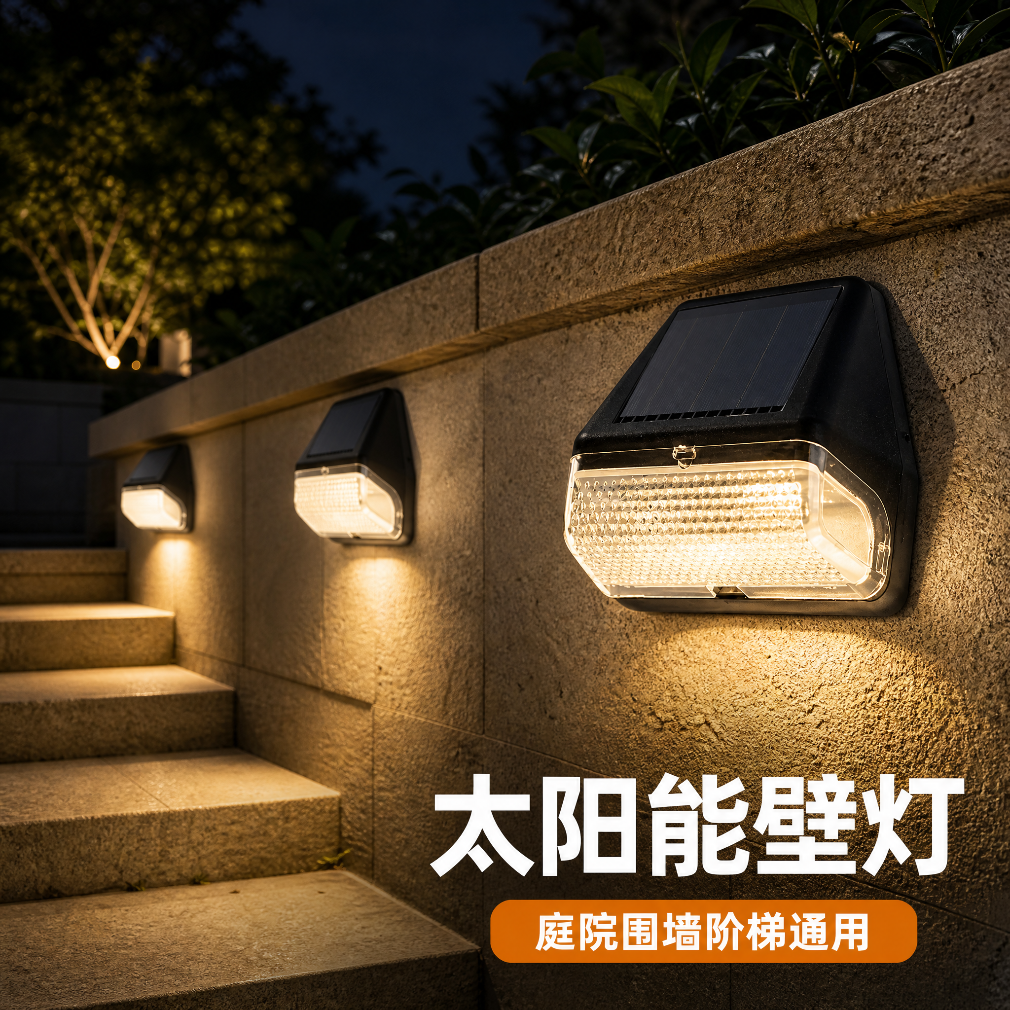 [主图-4] 太阳能壁灯 庭院围墙阶梯夜间真实使用场景图。 [… - 图片创意预览