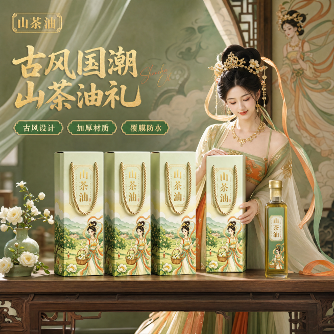 [主图-1] 山茶油礼盒古风场景首图。氛围风格：国潮敦煌风古风设计，古雅雅致氛围。画质：商业摄影质感，光线柔和通透，产品清晰真实，画面干净高级。元素：场景为古风木桌子，一位cos敦煌飞天女神的少女手扶预览效果