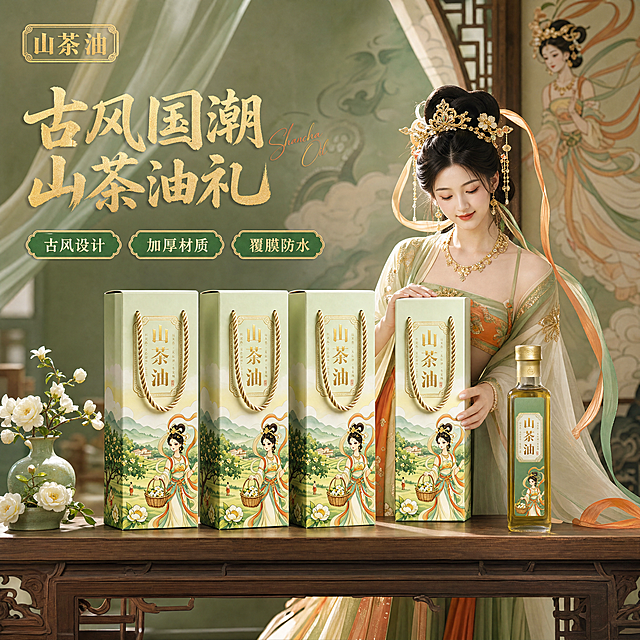 [主图-1] 山茶油礼盒古风场景首图。氛围风格：国潮敦煌风古风设计，古雅雅致氛围。画质：商业摄影质感，光线柔和通透，产品清晰真实，画面干净高级。元素：场景为古风木桌子，一位cos敦煌飞天女神的少女手扶山茶油礼盒放置在桌子上，桌面上摆放了3个同款山茶油礼盒，旁边放置一个长条型山茶油玻璃瓶。背景整体采用古风设计感，提取产品本身的浅绿米白配色，整体色调温润淡雅。保持山茶油礼盒外观（物理结构、材质质感、颜色）与输入产品图绝对一致，杜绝任何变形和色差，精细化处理。商品主体占比严格控制在60%-80%之间。光影：自然光从左侧照射，主光清晰勾勒产品轮廓，辅光柔和填充暗部，桌面形成自然柔和的阴影，整体通透温润。配色：主色调浅绿+米白，辅助色敦煌飞天服饰的暖橙、浅金，整体和谐统一。视角构图：平视视角，中等景深，主体居中完整展示，不裁切。文字版式：画面左上角放置提取的品牌文字"山茶油"，保持原字体和烫金配色，不遮挡主体。左上方负空间左对齐，大字主文案"古风国潮 山茶油礼"，烫金色粗体书法字体，旁边叠加手写英文装饰"Shancha Oil"；下方三个卖点标签横向排列：古风设计、加厚材质、覆膜防水，深绿色描金小标签。比例分辨率：1:1 比例，4k 分辨率，文字清晰可辨，超高清。负向提示词：变形，水印，文字错乱，产品图模糊，背景杂乱，文字遮挡主体。