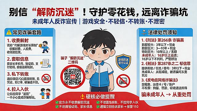未成年人游戏反诈宣传海报，主标题大字醒目"别信 “解防沉迷”！守护零花钱，远离诈骗坑"，副标题"未成年人反诈宣传 | 游戏安全・不轻信・不转账・不泄密"。整体风格为动漫Q版，蓝白主色搭配红色警示，配卡通少年拒绝骗子二维码、游戏防沉迷官方标识、禁止转账图标。左侧为动漫精简案例区域，带小图标，4条内容分别是：1.收费解封 谎称 “代解游戏时长限制”，收解封费、人脸费，收钱就拉黑。2.套取信息 要家长手机号、验证码、支付密码，偷偷盗刷钱财。3.私下转账 逼你微信 / QQ 直接转账，无凭证、无订单，被骗追不回。4.拉人入伙 让你拉同学 “返现”，一不小心变成诈骗帮凶。右侧为清晰易懂轻重分明的法律处罚区域，内容：1.《刑法》第 266 条 诈骗罪 数额较大：3 年以下 + 罚金 数额巨大：3—10 年 + 罚金 特别巨大：10 年以上 / 无期 未成年人：16 岁以上追责；16 岁以下不判刑，严管矫治。2.《刑法》第 287 条之二 帮信罪 提供帮助 / 引流 / 借号：3 年以下 + 罚金 未成年人：从轻减轻，被诱骗可从宽。3.《反电信网络诈骗法》 禁租售、出借卡 / 号 / 账户 不构罪：拘留、罚款、没收违法所得 骗未成年人 → 从重处罚。底部红底白字最强提醒警示栏，内容：✅ 官方永不收费解防沉迷 ✅ 不泄露验证码、密码、家长信息 ✅ 不私下转账、不拉同学入伙 ✅ 遇骗立刻告诉家长 → 报警 110。标题用粗黑字体，正文清晰，重点内容标红，适合打印展板和投屏宣讲。