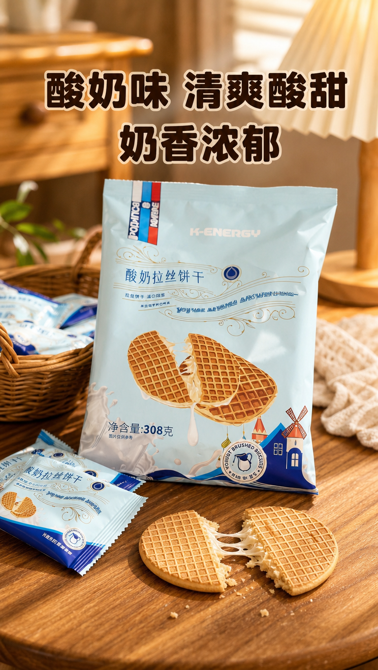 浅蓝色包装酸奶味拉丝饼干，放在木质桌面上，旁边有掰开的饼干，暖… - 图片创意预览