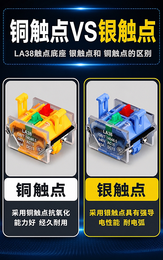 电商详情页长图，铜触点VS银触点对比说明图，750px宽，深蓝科技工业风，产品精修。全部文字使用思源黑体 Bold字体。产品上的"浙江凯蓝电气有限公司"和"CHKL"去掉。

[画面结构] 从上到下布局：顶部标题区 + 中部左右对比区。整体深蓝科技背景风格。

[顶部标题区]
深蓝色到黑色的科技感渐变背景，带有微弱的蓝色光晕和光线效果，虚线边框装饰。
大标题："铜触点VS银触点" 白色+黄色超大粗体居中（铜触点白色，VS白色，银触点黄色）
副标题："LA38触点底座 银触点和 铜触点的区别" 浅灰色粗体居中

[中部左右对比区]
左右两个圆角卡片并排，各占约50%宽度，间距均匀。

左侧卡片（铜触点）：
  上方浅灰色圆角区域内展示黄色底座触点模块产品图，产品精修处理，透明外壳通透，内部红绿铜触点清晰，金属螺丝高光锐利。产品透明外壳上的"CHKL"和"浙江凯蓝电气有限公司"字样全部清除去掉，只保留LA38型号和参数标识。
  中间白色圆角标签："铜触点" 黑色超大粗体居中
  下方深灰色区域说明文字："采用铜触点抗氧化 能力好 经久耐用" 白色粗体两行居中
  整体白色圆角边框

右侧卡片（银触点）：
  上方浅灰色圆角区域内展示蓝色底座触点模块产品图，产品精修处理，透明外壳通透，内部红绿银触点清晰，金属螺丝高光锐利，银触点银色质感真实。产品透明外壳上的"CHKL"和"浙江凯蓝电气有限公司"字样全部清除去掉，只保留LA38型号和参数标识。
  中间黄色圆角标签："银触点" 黑色超大粗体居中
  下方深灰色区域说明文字："采用银触点具有强导 电性能 耐电弧" 黄色粗体两行居中
  整体黄色圆角边框

[视觉统一] 套系策略：风格=深蓝科技工业风；标题字=思源黑体 Bold；正文字=思源黑体 Bold；主色=深蓝黑；背景延展=深蓝黑渐变+科技光晕；强调色=黄色（银触点标签、文字）、白色（铜触点文字、主标题）、深灰色（说明区）；组件=圆角对比卡片、产品图、标签；光影=左前侧主光，金属高光清晰，产品有立体感。

[产品处理] 所有产品透明外壳上的"CHKL"和"浙江凯蓝电气有限公司"字样全部清除，只保留LA38型号、电压电流参数、CCC认证等技术标识。产品精修，金属件高光锐利，触点质感真实，透明件通透，塑胶件干净无划痕。

[文字要求] 全部文字使用思源黑体 Bold字体，横排，排版整齐，层级清晰，手机端可读。文案与原图完全一致，不增减内容。

[规格] 图片宽度750px，竖版长图，2K分辨率，避免变形、错字、文字过小、产品模糊、背景杂乱、水印、平台logo。产品上无CHKL和浙江凯蓝电气有限公司字样。