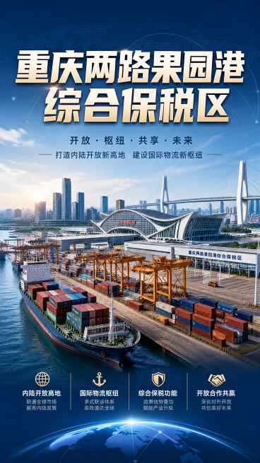 重庆两路果园港综合保税区宣传海报，现代大气风格，展示港口集装箱货运场景，包含标志性建筑，突出对外开放与物流枢纽主题，画面上方配有醒目大字“重庆两路果园港综合保税区”，整体配色沉稳专业，商务宣传风格，高预览效果