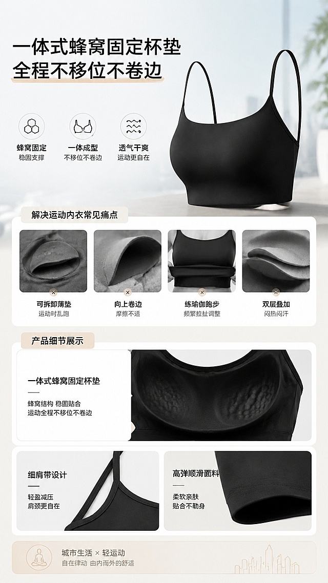抖音快手详情页，卖点屏1，整体温柔极简城市运动风，标题："一体式蜂窝固定杯垫，全程不移位不卷边"，痛点文案："解决可拆卸薄垫运动时乱跑、向上卷边，练瑜伽跑步频繁拉扯调整，双层叠加闷热闷汗"，搭配产品细节展示，竖屏9:16构图，短句拆分适配手机竖屏阅读，小标题清晰分段。