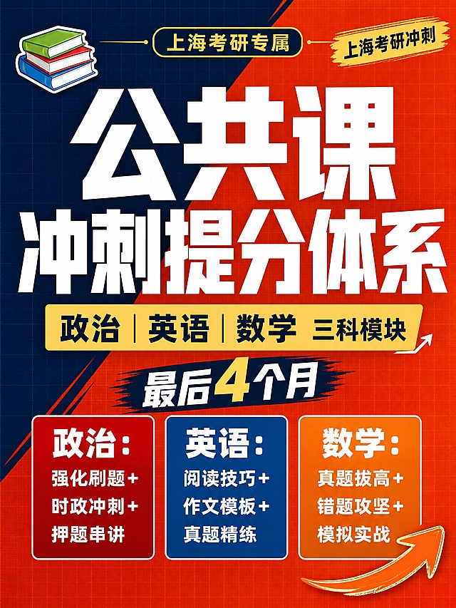 小红书笔记大字封面，纯大字，高饱和撞色紧迫感风格，版式精美，小红书笔记封面质感，适合信息流点击，聚焦上海考研冲刺。主标题必须完整呈现且为画面视觉中心，逐字锁定：「公共课冲刺提分体系」。副标题：「政治｜英语｜数学 三科模块」。装饰短句/角标：「上海考研冲刺」「最后4个月」。背景：藏蓝与橙红斜切双色高饱和底，带轻微网格纹理，非黄底。标题排版：采用纯大字P04多色块背景策略，白字扁平超粗黑体/sans（非3D立体），主标题居中。下方三栏模块布局：左栏「政治：强化刷题+时政冲刺+押题串讲」、中栏「英语：阅读技巧+作文模板+真题精练」、右栏「数学：真题拔高+错题攻坚+模拟实战」，每栏配色块底框+白字。装饰：左上角1个📚书本emoji小贴纸；右下角1个手绘橙色箭头；另加顶部细条角标「上海考研专属」。整体氛围：硬广干货感、紧迫感、清晰模块感，只给考上海研究生的人看。画质：高清细腻，信息层级清晰，文字完整处于安全区内不可裁切，四周留安全边距。画面比例3:4，4K。