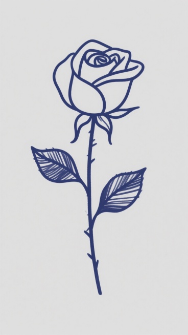 一朵玫瑰花的连续单线条手绘插画，线条流畅自然，具有手绘的有机质感和轻微的笔触变化，背景为纯白色的纯色背景，线条颜色改为深蓝色，花茎上有两片叶子，整体构图简洁优雅，呈现出简约而富有艺术感的线条画风格。预览效果