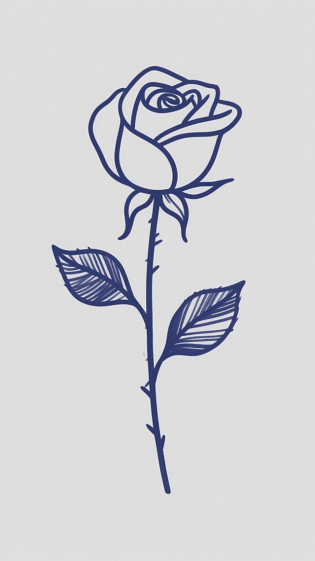 一朵玫瑰花的连续单线条手绘插画，线条流畅自然，具有手绘的有机质感和轻微的笔触变化，背景为纯白色的纯色背景，线条颜色改为深蓝色，花茎上有两片叶子，整体构图简洁优雅，呈现出简约而富有艺术感的线条画风格。