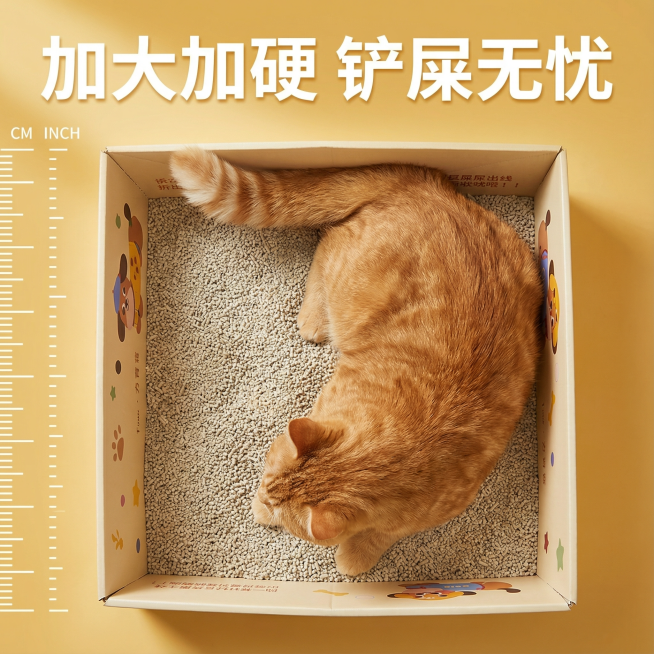 这张图片是产品主体这款产品是一次性猫砂盆 产品主体颜色不改变 我需要设计20张主图在拼多多上面售卖   主图场景布局设计用小猫等 等背景元素 整体色调暖色，可爱 显得高级一些  主图文案内容 月刨猫砂预览效果
