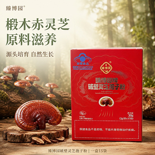 [单张主图] 臻博园牌破壁灵芝孢子粉 - 原料溯源风格主图 - 椴木赤灵芝源头滋养。
[画面主体] 红色方盒产品为画面主体，居中偏右放置，占画面约45%-50%，正面朝向，品牌名、产品名、蓝帽标识清晰可见。**产品100%还原上传商品图的外形、包装、LOGO、印刷文字、蓝帽标识、净含量，完整保留原图中的盒型、轮廓、结构、比例、标签版式、品牌logo、颜色与正面朝向，包装文字清晰可读，不得拉宽、不得变形、不得重新设计包装**。
[构图版式] 采用「原生成分型」高级感版式：产品偏右，左侧和背景融入自然山林与灵芝培育场景，标题在左上负空间，底部一行文字，信息克制不抢主体。
[场景元素] 背景为自然山林与灵芝培育融合场景：远景是虚化的山林树木与柔和雾气，中景有椴木上生长的赤灵芝（多朵，大小错落，生长在椴木段上），近景是原木纹理台面与产品。产品左前方有一朵完整饱满的赤芝灵芝放在椴木片上，旁边有几片灵芝小片和木屑。背景色调为浅棕、墨绿、暖米色渐变融合，营造自然滋养感。有极淡的阳光透过林间的光束效果，温润不浮夸。
[文案版式] 左上负空间左对齐：主标题「椴木赤灵芝 原料滋养」（温润宋体，墨绿色#5B7553，大字号，两行），副标题「源头培育 自然生长」（细黑体，原木棕#8B6F47，中字号，在主标题下方）。底部居中一行文字：「臻博园破壁灵芝孢子粉｜一盒15袋」（细黑体，深棕色，字号适中）。文字全部放在负空间，不遮挡产品主体和Logo。左上角安全区可放「臻博园」品牌小字。
[光影质感] 林间自然光为主光，柔和侧前方补光；产品表面有自然高光，红色包装温润有光泽；产品底部有柔和接触阴影；灵芝菌盖有自然光泽与纹理；整体通透温润，有自然空气感，无硬光、无廉价HDR、无浮夸特效。
[配色字体] 主色：暖米色#F5F0E8 + 浅棕#E8DFD0背景渐变；辅助色：墨绿#5B7553（主标题+山林）+ 原木棕#8B6F47（副标题+椴木）；产品红色为视觉点缀。字体为温润宋体（主标题）+ 细黑体（副标题），字重克制，靠留白与对齐分层级。
[比例分辨率] 1:1正方形比例，2K分辨率，文字清晰可辨，高清商业摄影质感。
[负向提示词] 变形，拉宽，压扁，包装重新设计，包装文字错乱，水印，文字错乱，文字过小，缺件错件，结构错误，颜色偏差，产品图模糊，虚假证书，夸大疗效，医疗化表达，浮夸特效，大红大紫，卡通画风，电商平台Logo。