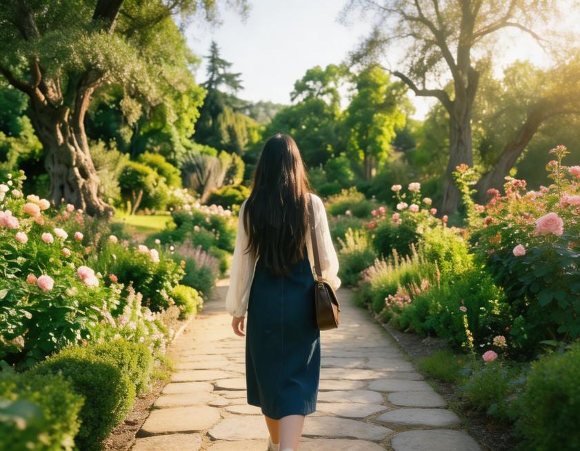 提取并单独生成左上角第一个分镜头：背影长发女生走在花园小径上，两侧开满粉色花朵，背景是大树和绿植，阳光温暖，胶片质感预览效果
