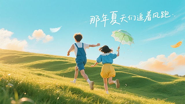低角度仰拍，无垠的渐变蓝天空下，一片被阳光镀上金边的绿色草地斜坡如波浪般起伏，穿着靛蓝色背带短裤和白色无袖棉麻上衣的少年敞开双臂向前奔跑，发梢扬起金色的光晕，身后穿着水蓝色娃娃领衬衫和鹅黄色灯笼短裤的少女踮着脚尖追赶，手中那把薄荷绿蕾丝边阳伞在风中旋转成半开的花朵形状，伞沿滴落的水珠在空中划出银线，远处天际线处漂浮着几缕棉花糖般的云絮，用羽毛笔书写的白色文字"那年夏天我们追着风跑"轻盈地悬在云端，色调是沁凉的薄荷青与温暖的柑橘黄交织，逆光拍摄让人物轮廓散发着毛茸茸的金边，空气中弥漫着青草与柑橘汽水的清甜气息。