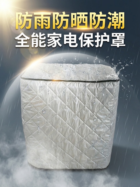 电商主图，银色菱格纹家电罩，背景用渐变灰蓝，突出产品的防雨防晒防潮功能，添加醒目的文字“防雨防晒防潮 全能家电保护罩”，画面有强烈视觉冲击力，3秒抓眼球预览效果