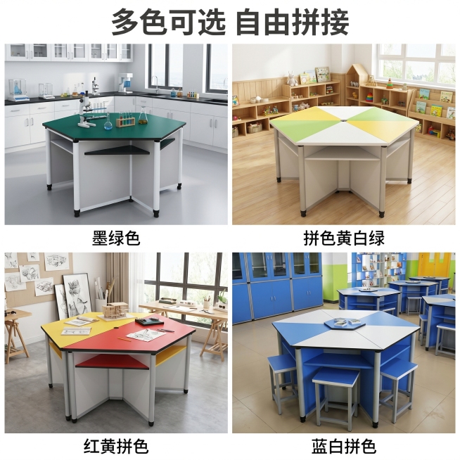 [主图 4] 六边形实验桌多场景适配展示，多种配色可选。[氛围风格] 清晰直观展示不同应用场景。[画质] 商业摄影质感、光线柔和通透、产品清晰真实、画面干净高级。[元素] 四宫格拼图，每个宫格展示一款预览效果