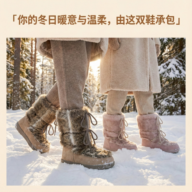 大图展示展示女模特穿着鞋子在雪地行走，配大标题文案：「你的冬日暖意与温柔，由这双鞋承包」。预览效果