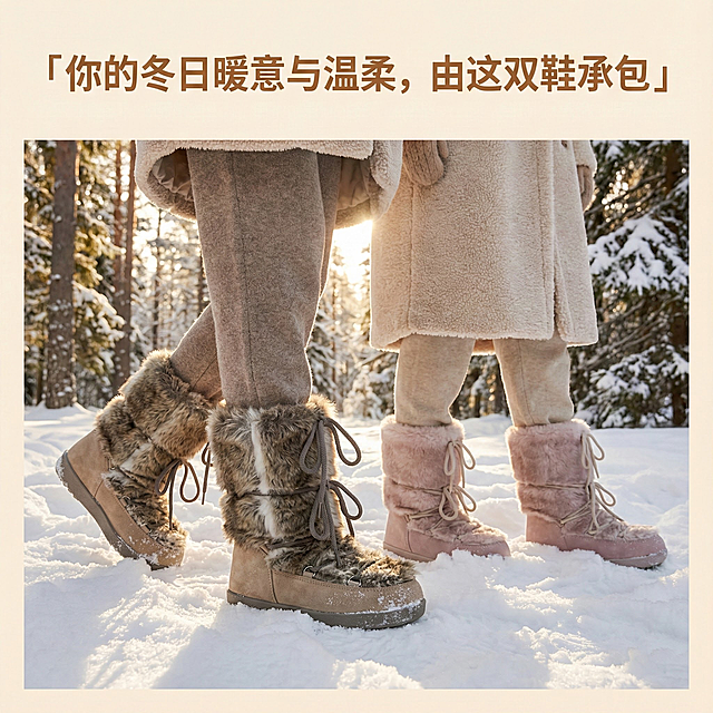 大图展示展示女模特穿着鞋子在雪地行走，配大标题文案：「你的冬日暖意与温柔，由这双鞋承包」。
