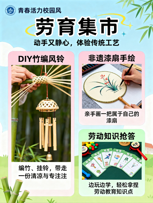 生成一张劳育集市板块的单独图片，包含劳育集市标题、副标题和3个完整活动信息：🧵劳育集市（3个活动），副标题：动手又静心，体验传统工艺。1. "DIY竹编风铃"：编竹、挂铃，带走一份清凉与专注。2.预览效果