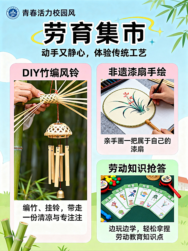 生成一张劳育集市板块的单独图片，包含劳育集市标题、副标题和3个完整活动信息：🧵劳育集市（3个活动），副标题：动手又静心，体验传统工艺。1. "DIY竹编风铃"：编竹、挂铃，带走一份清凉与专注。2. "非遗漆扇手绘"：亲手画一把属于自己的漆扇。3. "劳动知识抢答"：边玩边学，轻松拿捏劳动教育知识点。保持青春活力校园风，排版清晰颜色明快，所有文字清晰正确
