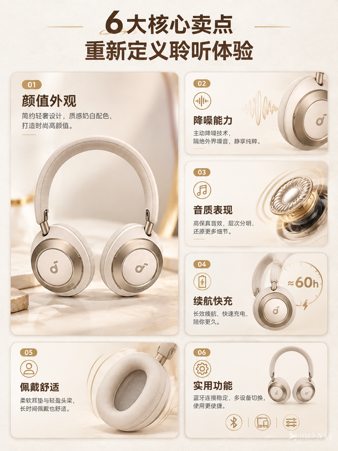 [商品] 使用【图1】奶白轻奢主动降噪头戴式蓝牙耳机；保留全部… - 图片创意预览
